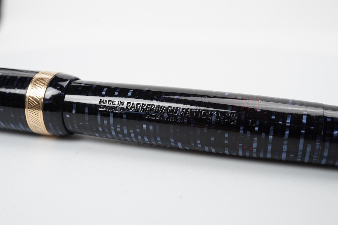 A Parker Long Major Vacumatic in rare blue pearl fitted with 14ct. gold Vacumatic nib